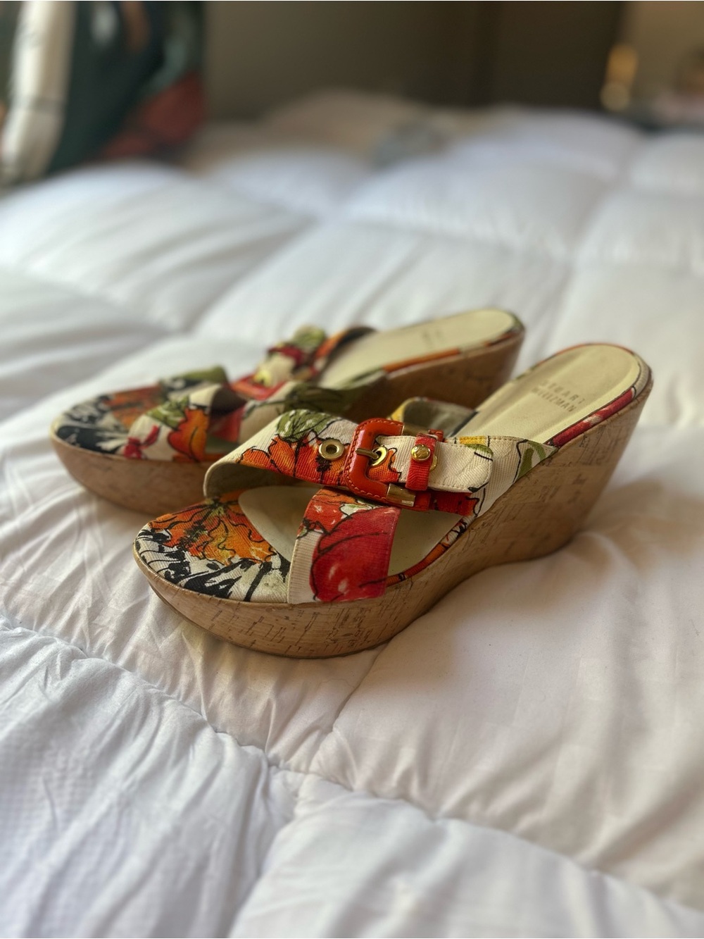 Stuart Weitzman Floral Orange Cork Wedge Slides